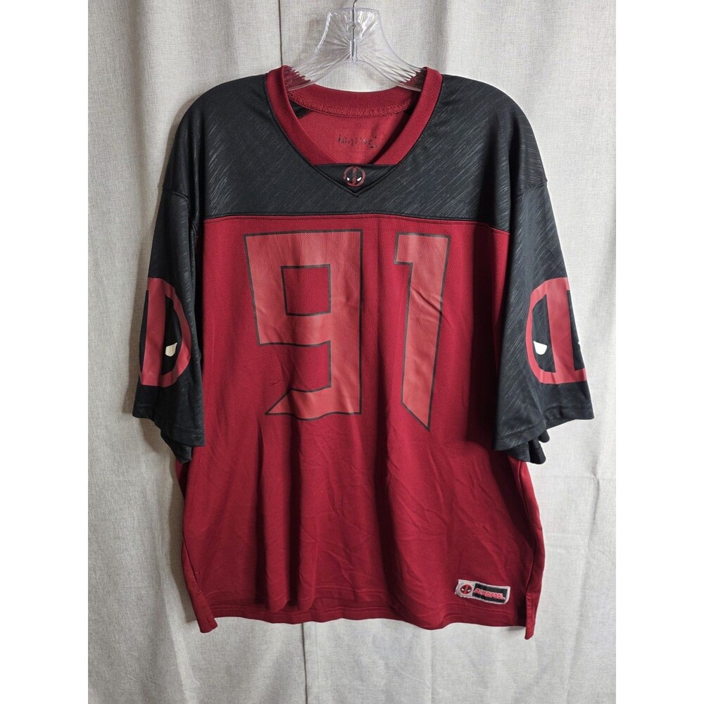 Marvel Deadpool Football Jersey Mens 2XL Red Black Colorblock #91 Superhero